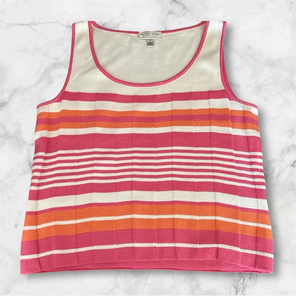 ST JOHN Sport Pink and Orange Striped Luxe Knit Sleeveless Top Size M